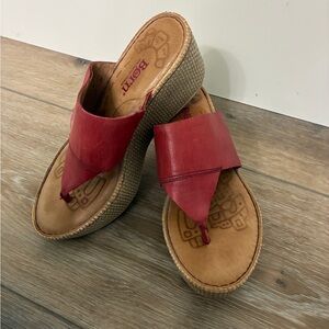 Born Red Leather Wedge Thong Mules